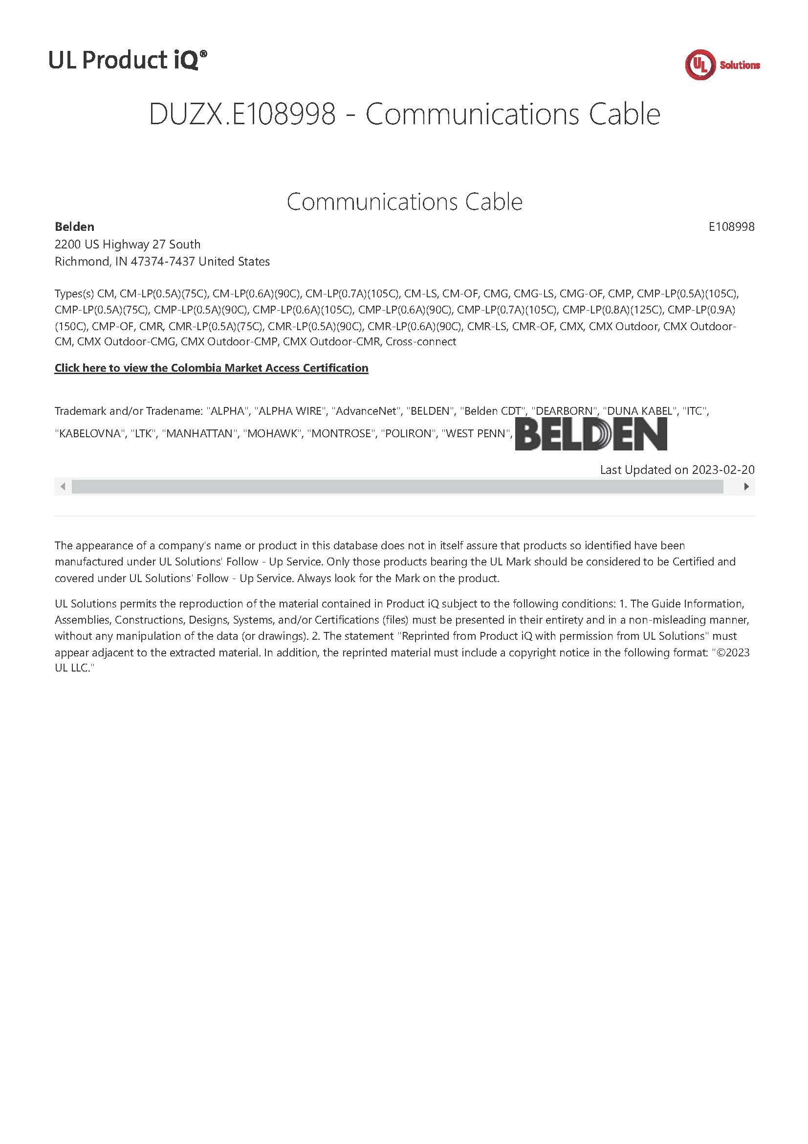 BELDEN UL Certificate (Communication Cable), DUZX.E108998