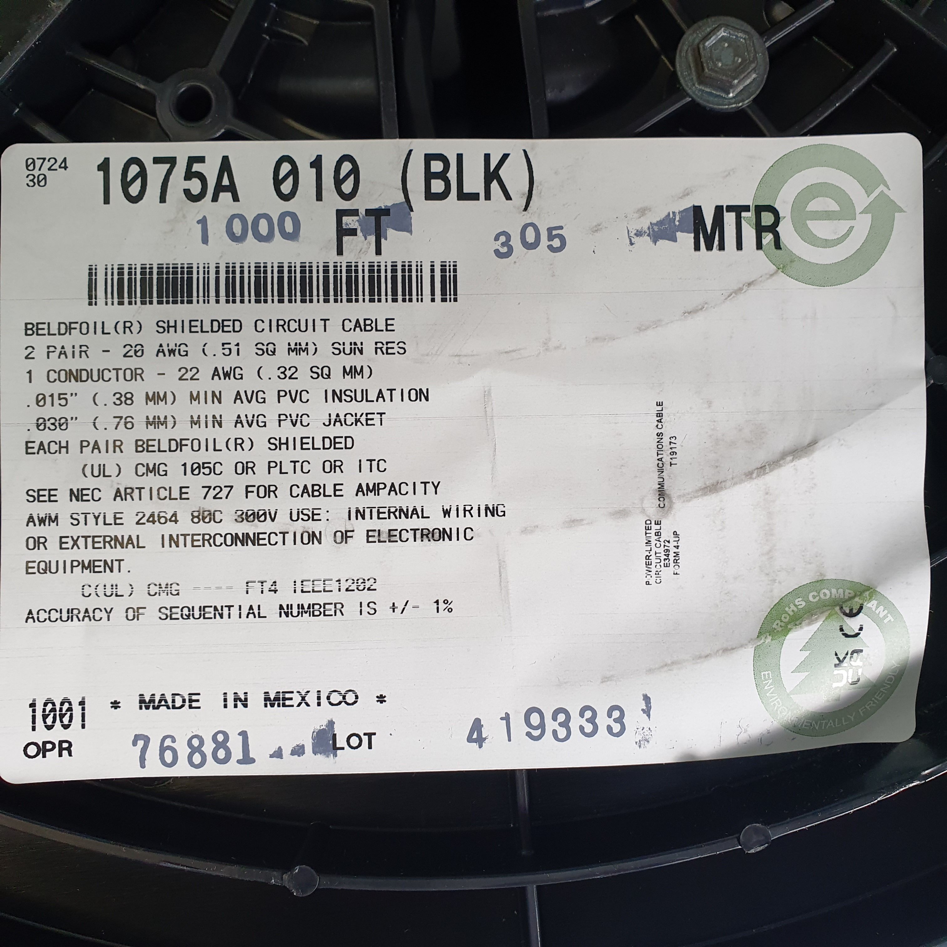 300m(롤) 벨덴1075A (미터당 ₩0) 벨덴케이블 1075A BELDEN 1075A 2Pair 20AWG Paired