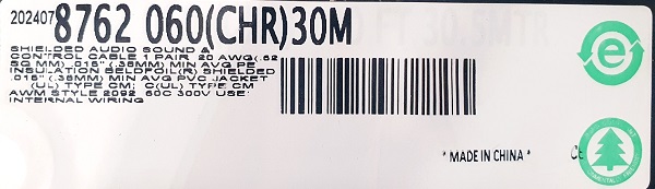30m(롤) 벨덴8762 미터당 ₩2,800 벨덴케이블 8762 BELDEN 8762 2C 20AWG 라인레벨